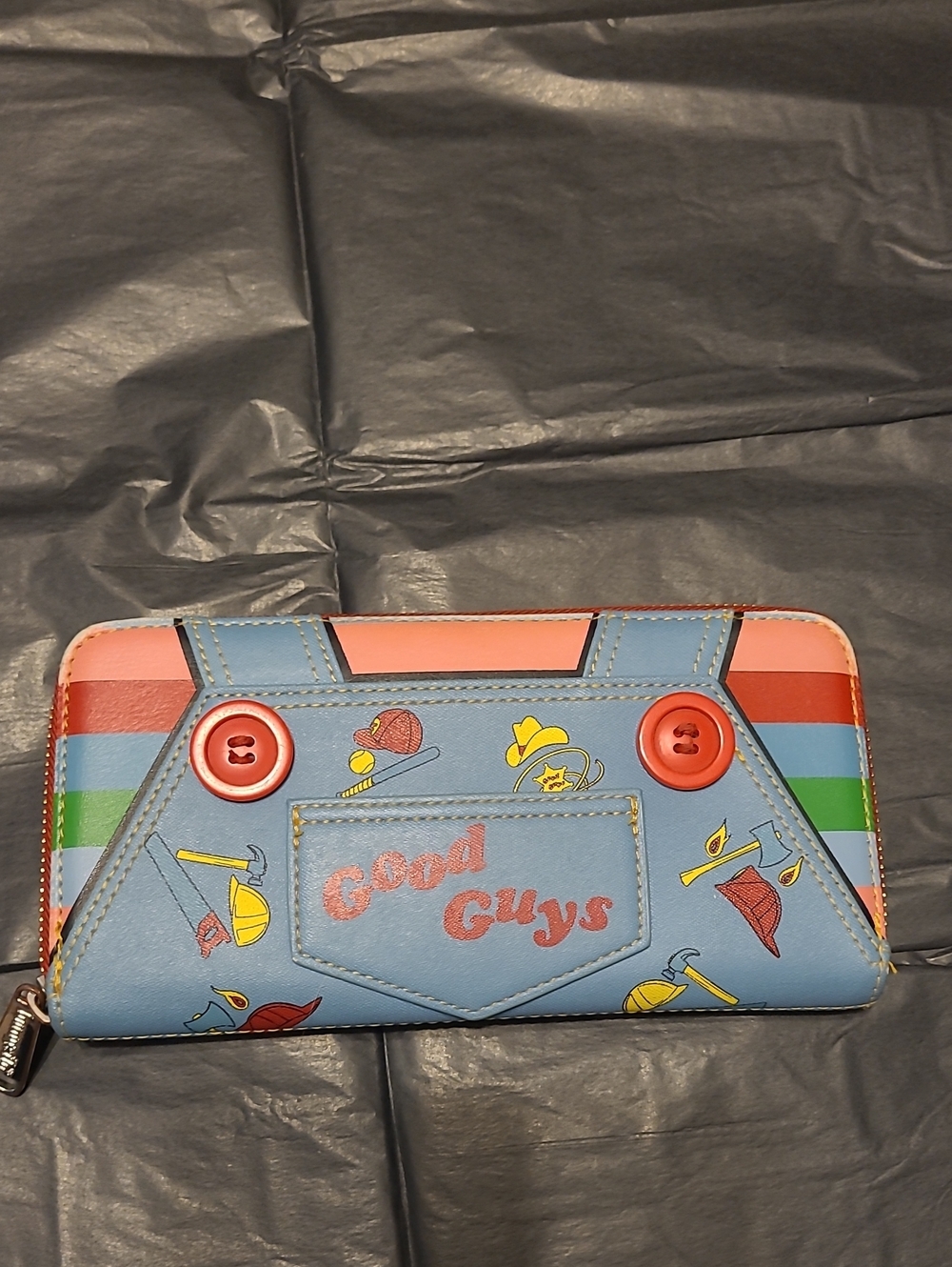 CHUCKY LOUNGEFLY Good Guys Themed Zip Wallet  Light Blue with Multicolor Accents